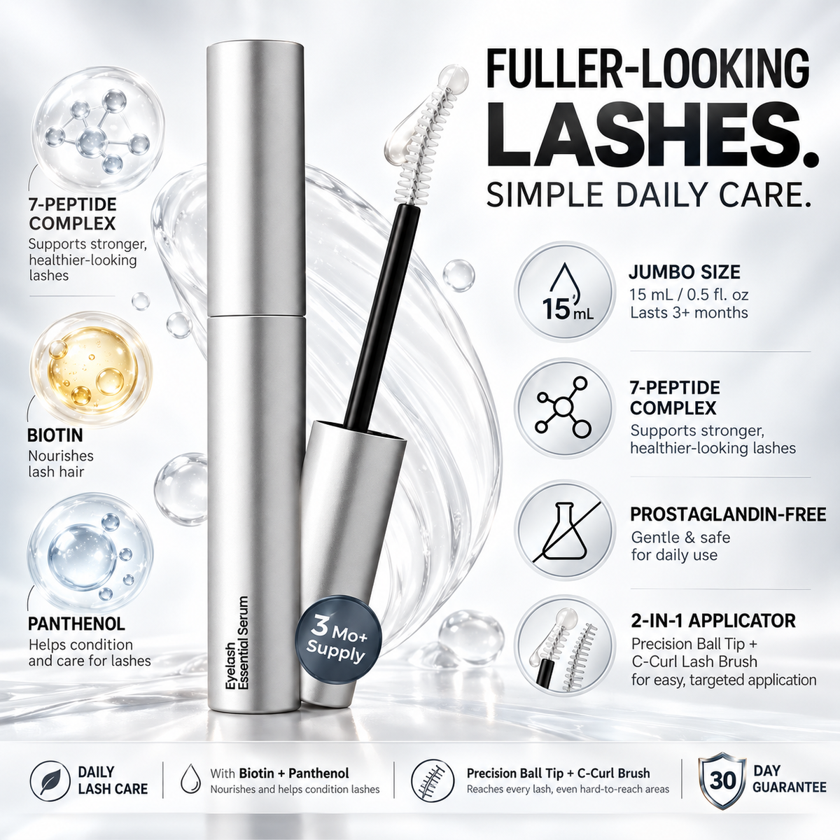 Essential Eyelash Growth Serum, Jumbo Size 0.5fl.oz - Safe & Gentle Lashes Care, Fuller